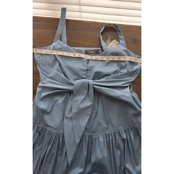 Lauren Ralph Lauren Sleeveless Tie Front Tiered Blue Midi Dress Womens Sz 16 - Picture 7 of 10